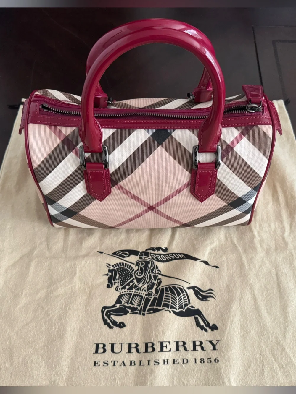 *Like New* Burberry Haymarket Check Bowling Bag with Bold Red Leather Trim